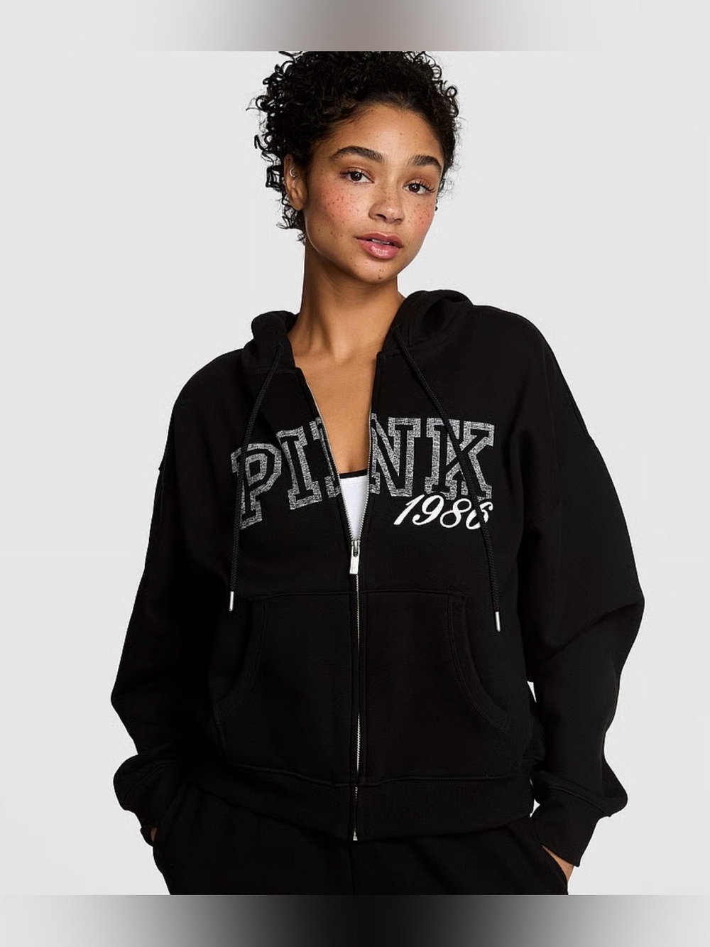 PINK Victoria's Secret 1986 Campus Fleece Women's Black Zip-Up Hoodie Size Small